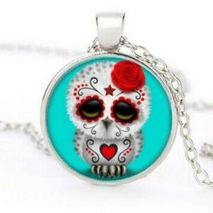 Candy Skull Baby Owl Silver & Glass Necklace